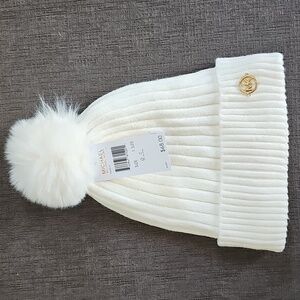 Michael Kors Women Cable Knit Cuffed Pom Pom Winter Beanie White hat w gold MK
